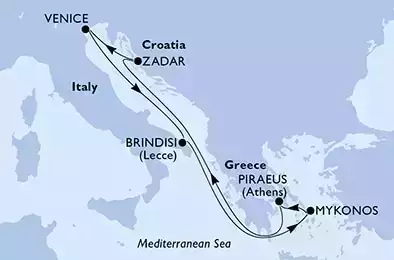 Brindisi,Mykonos,Piraeus,Zadar,Venice,Brindisi