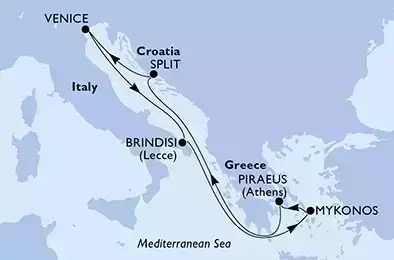 Brindisi,Mykonos,Piraeus,Split,Venice,Brindisi