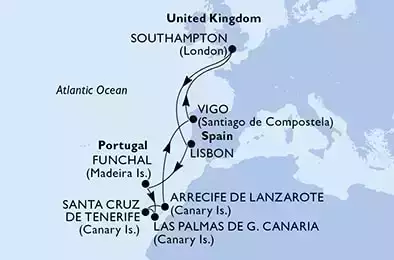 Lisbon,Funchal,Las Palmas de G.Canaria,Santa Cruz de Tenerife,Arrecife de Lanzarote,Vigo,Southampton,Lisbon