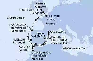 MSC VIRTUOSA - Itinerario di 12 notti partendo da SOUTHAMPTON, UNITED KINGDOM il 01/10/2022 - Southampton,Le Havre,La Coruna,Cadiz,Casablanca,Barcelona,Palma de Mallorca,Valencia,Lisbon