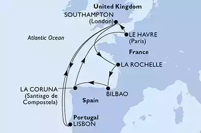 Lisbon,Southampton,La Rochelle,Bilbao,La Coruna,Le Havre,Southampton,Lisbon