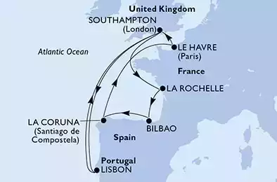 MSC VIRTUOSA - Itinerario di 13 notti partendo da LISBON, PORTUGAL il 13/10/2022 - Lisbon,Southampton,La Rochelle,Bilbao,La Coruna,Le Havre,Southampton,Lisbon