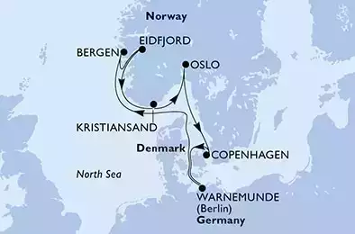 Warnemunde,Bergen,Eidfjord,Kristiansand,Oslo,Copenhagen,Warnemunde