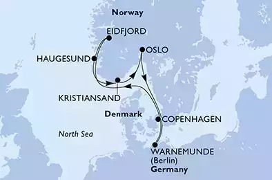 Warnemunde,Eidfjord,Haugesund,Kristiansand,Oslo,Copenhagen,Warnemunde