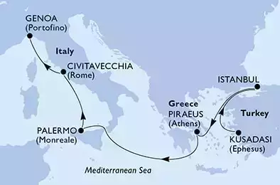 Kusadasi,Istanbul,Istanbul,Piraeus,Palermo,Civitavecchia,Genoa