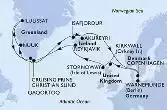 Copenhagen,Warnemunde,Kirkwall,Stornoway,Reykjavik,Prince Christian Sund,Nuuk,Ilulissat,Ilulissat,Qaqortoq,Isafjordur,Akureyri,Copenhagen