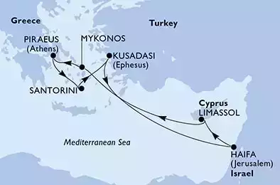 Haifa,Limassol,Mykonos,Mykonos,Piraeus,Piraeus,Santorini,Kusadasi,Haifa