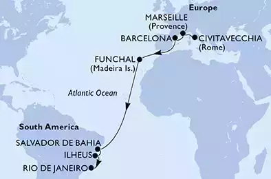 Civitavecchia,Marseille,Barcelona,Funchal,Salvador,Ilheus,Rio de Janeiro