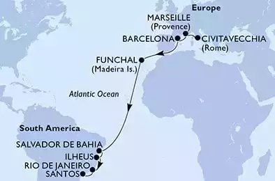 Civitavecchia,Marseille,Barcelona,Funchal,Salvador,Ilheus,Rio de Janeiro,Santos