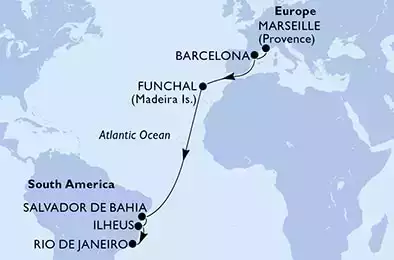 Marseille,Barcelona,Funchal,Salvador,Ilheus,Rio de Janeiro