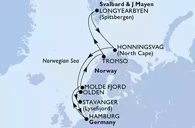 Hamburg,Molde Fjord,Tromso,Longyearbyen,Honningsvag,Olden,Stavanger,Hamburg