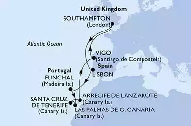 MSC VIRTUOSA - Itinerario di 12 notti partendo da SOUTHAMPTON, UNITED KINGDOM il 13/08/2022 - Regno Unito, Portogallo, Spagna
