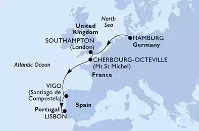 MSC MAGNIFICA - Itinerario di 6 notti partendo da HAMBURG, GERMANY il 01/09/2022 - Hamburg,Southampton,Cherbourg,Vigo,Lisbon