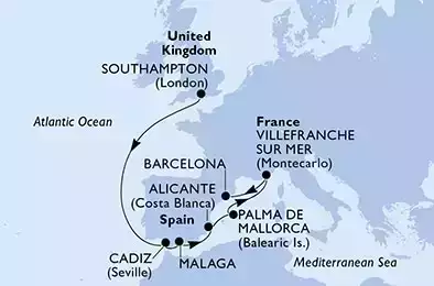 MSC VIRTUOSA - Itinerario di 9 notti partendo da SOUTHAMPTON, UNITED KINGDOM il 02/07/2022 - Regno Unito, Spagna, Francia