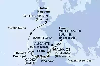 MSC VIRTUOSA - Itinerario di 11 notti partendo da SOUTHAMPTON, UNITED KINGDOM il 02/07/2022 - Regno Unito, Spagna, Francia, Portogallo