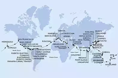 MSC POESIA - Itinerario di 118 notti partendo da MARSEILLE, FRANCE il 06/01/2023 - Francia, Spagna, Portogallo, Barbados, Grenada, Colombia, Costa Rica, Panama, Nicaragua, Guatemala, Messico, USA, Samoa, Isole Figi, Nuova Zelanda, Australia, Papua Nuova Guinea, Filippine, Cina (Taiwan), Giappone, Repubblica di Corea, Cina Continentale, Cina (Hong Kong SAR), Vietnam, Singapore, Malesia, Sri Lanka, Emirati Arabi Uniti, Oman, Giordania, Egitto, Grecia, Italia