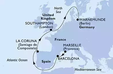 Marseille,Barcelona,La Coruna,Southampton,Warnemunde