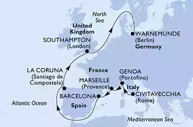 Civitavecchia,Genoa,Marseille,Barcelona,La Coruna,Southampton,Warnemunde
