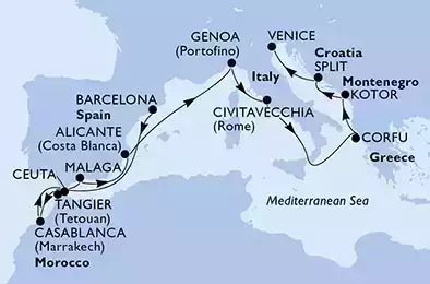 Barcelona,Tangier,Casablanca,Ceuta,Malaga,Alicante,Genoa,Civitavecchia,Corfu,Kotor,Split,Venice
