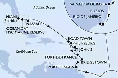 MSC SEASHORE - Itinerario di 19 notti partendo da MIAMI, UNITED STATES il 20/11/2022 - USA, Bahamas, Isole Vergini (Britanniche), Antigua-Barbuda, Antille Olandesi, Martinica, Barbados, Trinidad e Tobago, Brasile