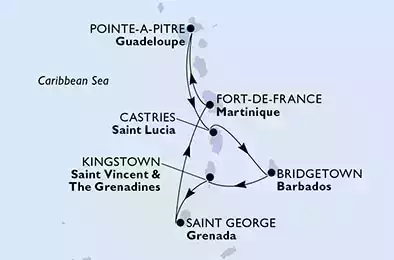 Fort de France,Pointe-a-Pitre,Castries,Bridgetown,Kingstown ,Saint George,Fort de France