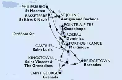 Fort de France,Pointe-a-Pitre,Castries,Bridgetown,Kingstown,Saint George,Fort de France,Pointe-a-Pitre,Roseau,Philipsburg,St John s,Basseterre,Fort de France