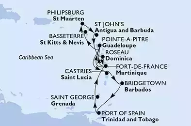 MSC SEASIDE - Itinerario di 14 notti partendo da FORT DE FRANCE, MARTINIQUE il 23/12/2023 - Fort de France,Pointe-a-Pitre,Castries,Bridgetown,Port of Spain,Saint George,Fort de France,Pointe-a-Pitre,Basseterre,Philipsburg,St John s,Roseau,Fort de France
