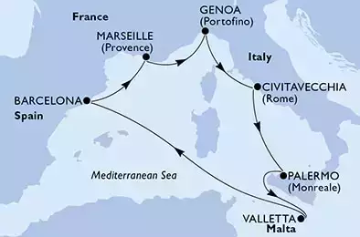 Genoa,Civitavecchia,Palermo,Valletta,Barcelona,Marseille,Genoa