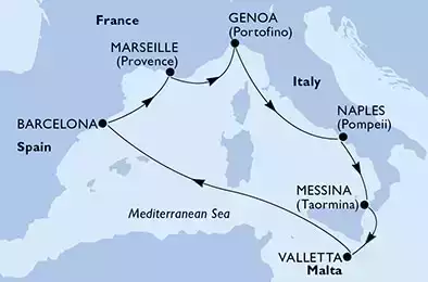 MSC WORLD EUROPA - Itinerario di 7 notti partendo da MESSINA il 17/09/2024 - Messina,Valletta,Barcelona,Marseille,Genoa,Naples,Messina