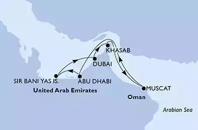 Abu Dhabi,Sir Bani Yas,Dubai,Dubai,Khasab,Muscat,Abu Dhabi