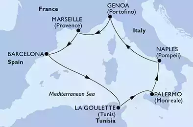 MSC OPERA - Itinerario di 7 notti partendo da GENOVA il 18/08/2024 - Genoa,Marseille,Barcelona,La Goulette,Palermo,Naples,Genoa