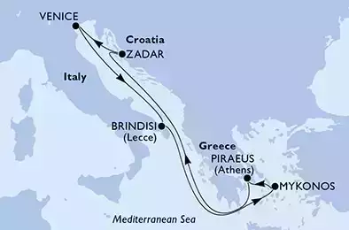 Venice,Brindisi,Mykonos,Piraeus,Zadar,Venice