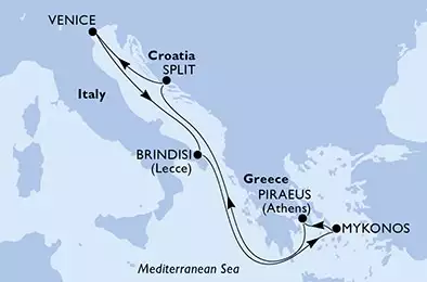 Brindisi,Mykonos,Piraeus,Split,Venice,Brindisi