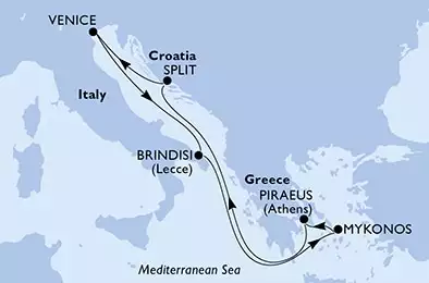 MSC SINFONIA - Itinerario di 7 notti partendo da BRINDISI il 15/07/2024 - Brindisi,Mykonos,Piraeus,Split,Venice,Brindisi