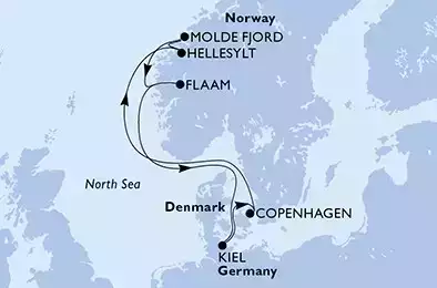 Kiel,Copenhagen,Hellesylt,Molde Fjord,Flaam,Kiel