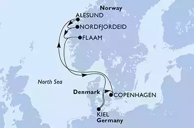 Copenhagen,Alesund,Nordfjordeid,Flaam,Kiel,Copenhagen