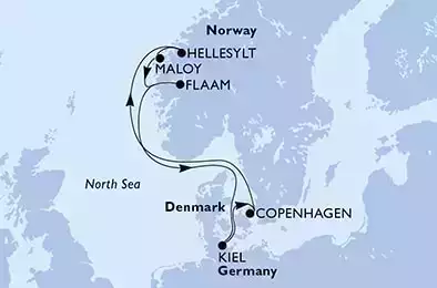 Copenhagen,Hellesylt,Maloy,Flaam,Kiel,Copenhagen