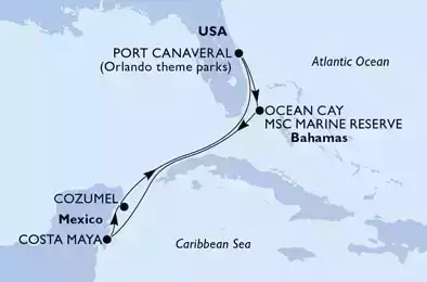 MSC SEASHORE - Itinerario di 7 notti partendo da PORT CANAVERAL (ORLANDO),  STATI UNITI il 04/08/2024 - Port Canaveral,Ocean Cay,Costa Maya,Cozumel,Port Canaveral