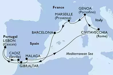 MSC POESIA - Itinerario di 10 notti partendo da CIVITAVECCHIA il 25/12/2023 - Civitavecchia,Genoa,Marseille,Barcelona,Gibraltar,Lisbon,Cadiz,Malaga,Civitavecchia