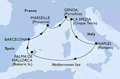Naples,Palma de Mallorca,Barcelona,Marseille,Genoa,La Spezia,Naples