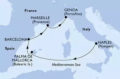 MSC BELLISSIMA - Itinerario di 5 notti partendo da NAPOLI il 22/03/2023 - Naples,Palma de Mallorca,Barcelona,Marseille,Genoa