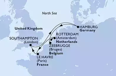 Hamburg,Zeebrugge,Rotterdam,Le Havre,Southampton,Hamburg