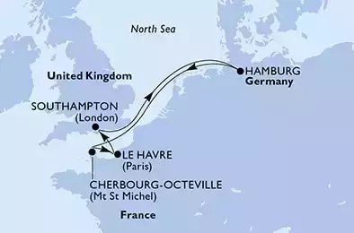 Hamburg,Cherbourg,Le Havre,Southampton,Hamburg