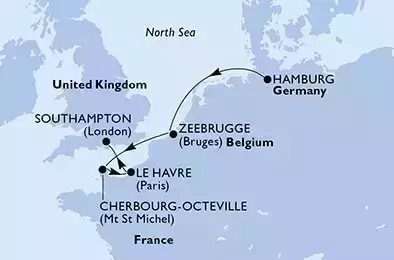Hamburg,Zeebrugge,Cherbourg,Le Havre,Southampton