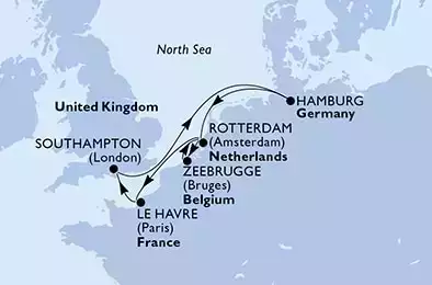 Zeebrugge,Rotterdam,Le Havre,Southampton,Hamburg,Rotterdam,Zeebrugge