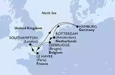 MSC VIRTUOSA - Itinerario di 7 notti partendo da SOUTHAMPTON, UNITED KINGDOM il 10/02/2023 - Southampton,Hamburg,Rotterdam,Zeebrugge,Le Havre,Southampton