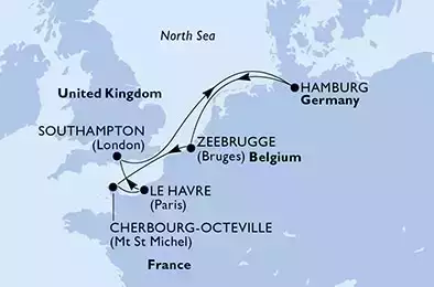 Le Havre,Southampton,Hamburg,Zeebrugge,Cherbourg,Le Havre