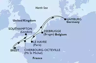 Southampton,Brest,Cherbourg,Hamburg,Zeebrugge,Le Havre
