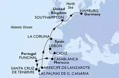 Lisbon,Cadiz,Casablanca,Funchal,Santa Cruz de Tenerife,Las Palmas de G.Canaria,Arrecife de Lanzarote,La Coruna,Southampton,Hamburg