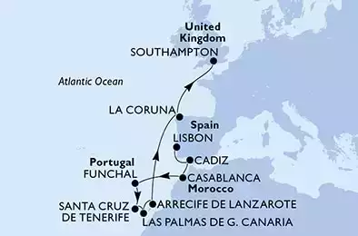 Lisbon,Cadiz,Casablanca,Funchal,Santa Cruz de Tenerife,Las Palmas de G.Canaria,Arrecife de Lanzarote,La Coruna,Southampton